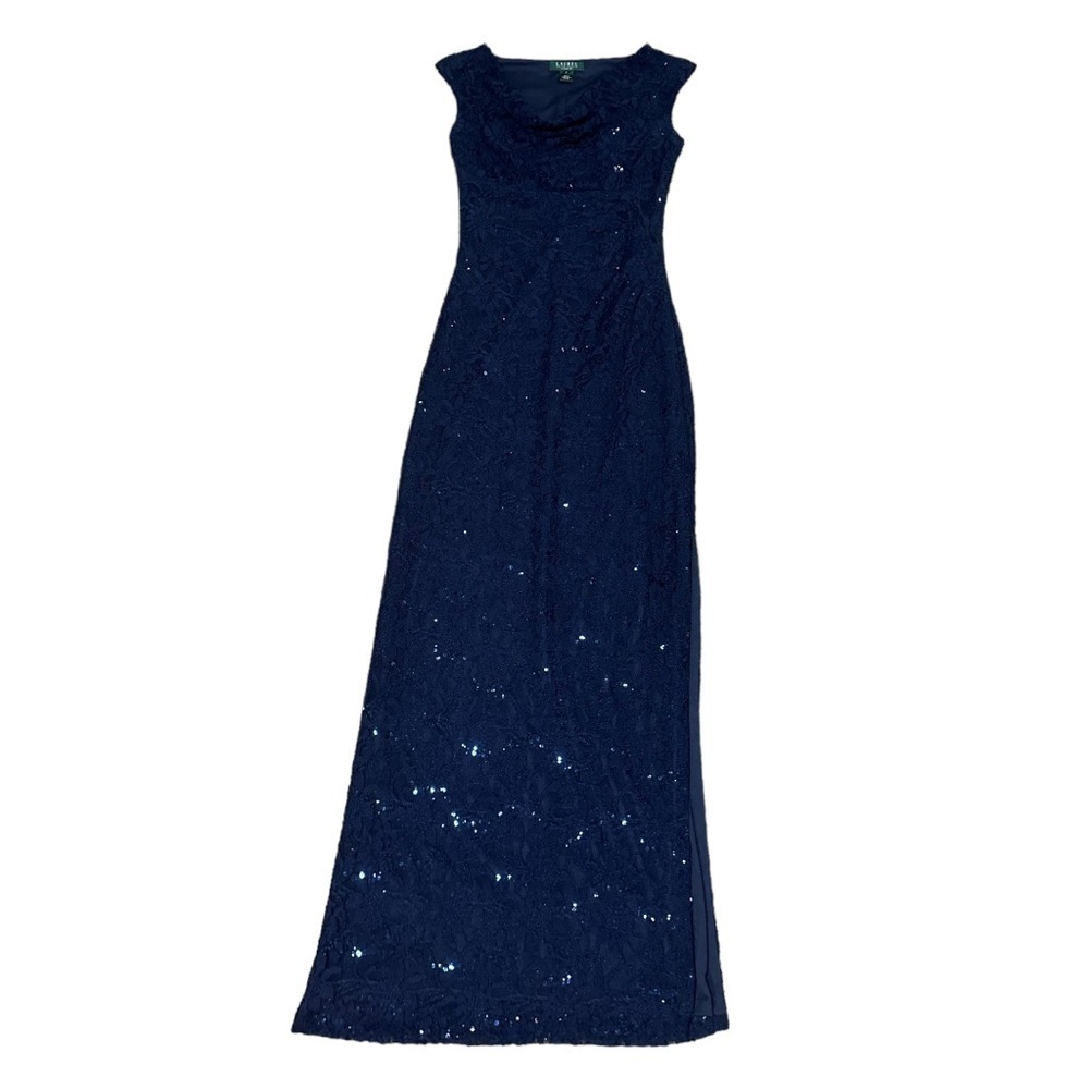 Lauren Ralph Lauren Navy Blue Sequent and Lace Evening Gown Size 4